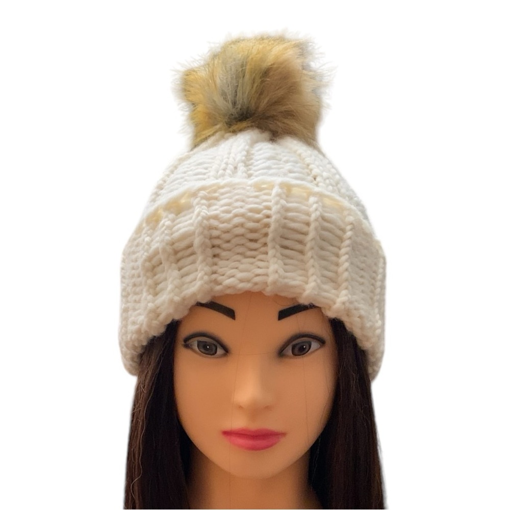 New! Cream color knit hat made with alpaca yarn, featuring a tan pom-pom. OS